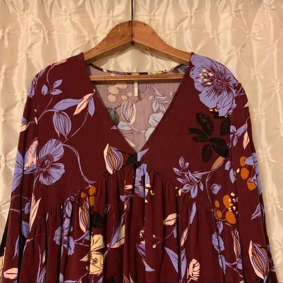 Free People Bella Floral-Print Tunic Mini Dress Purple Bell Sleeve V Neck - Picture 3 of 11